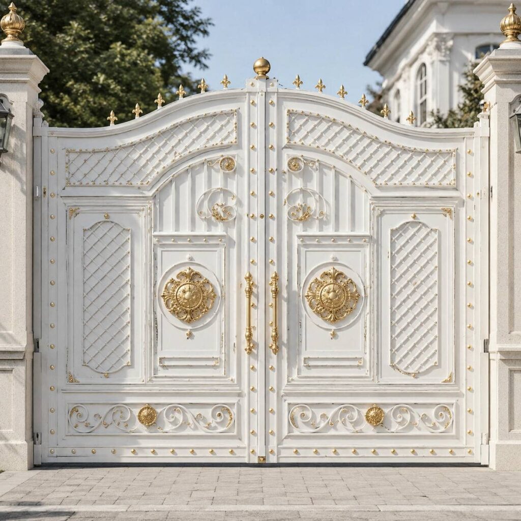 تولید درب حیاط سفید طلایی فرفورژه