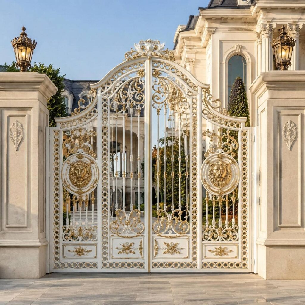 اجرای درب حیاط سفید طلایی پنل لیزری