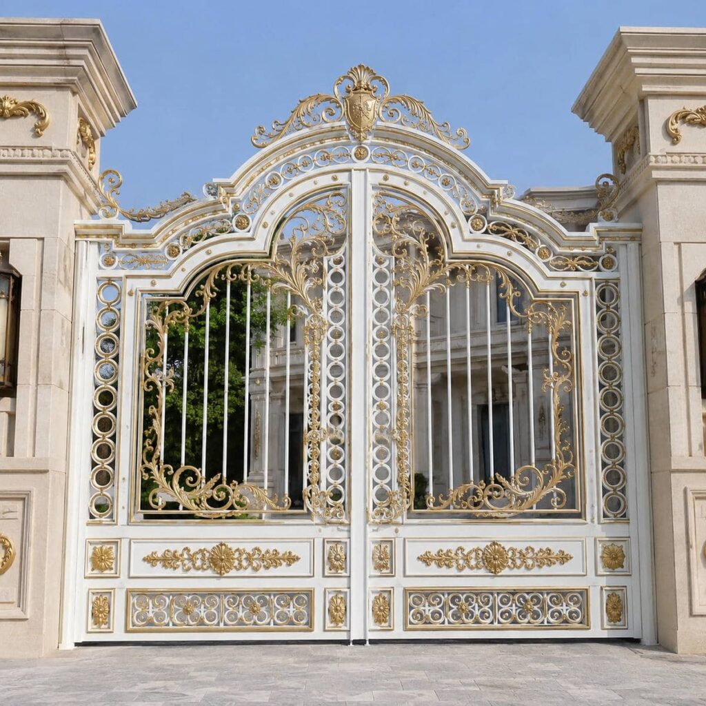 ساخت درب حیاط سفید طلایی تاج دار