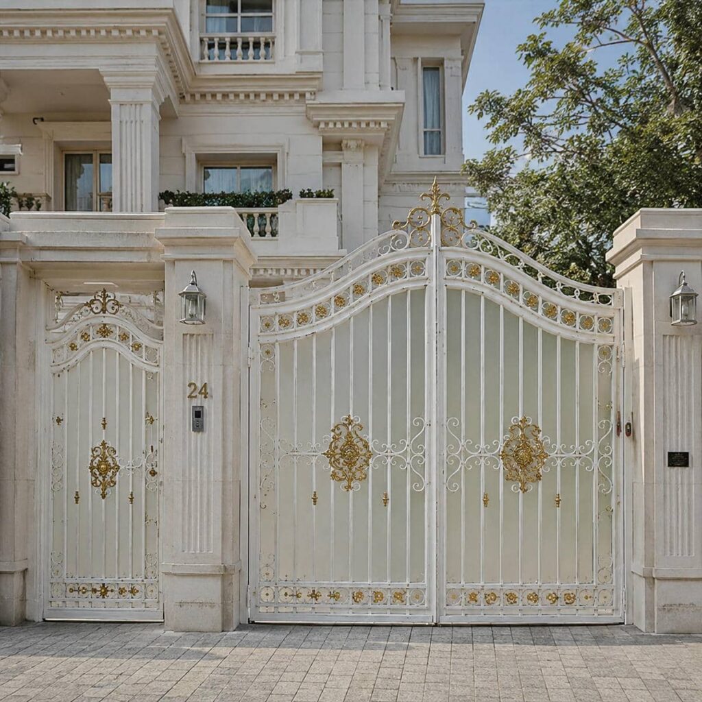 اجرای درب ویلایی سفید طلایی پنل بسته